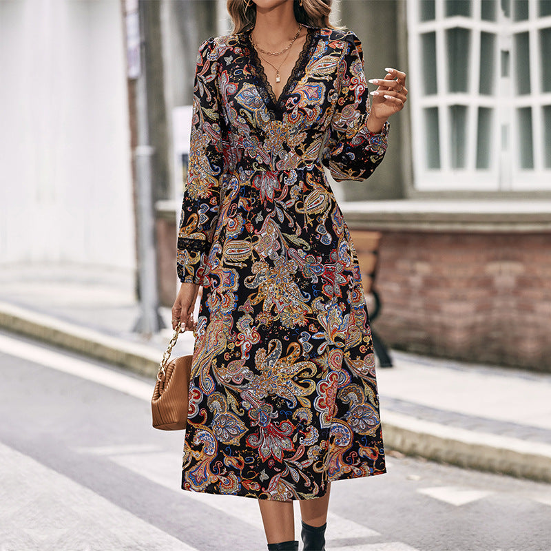 Vintage Paisley Print Long Sleeve Midi Dress - Black - 2