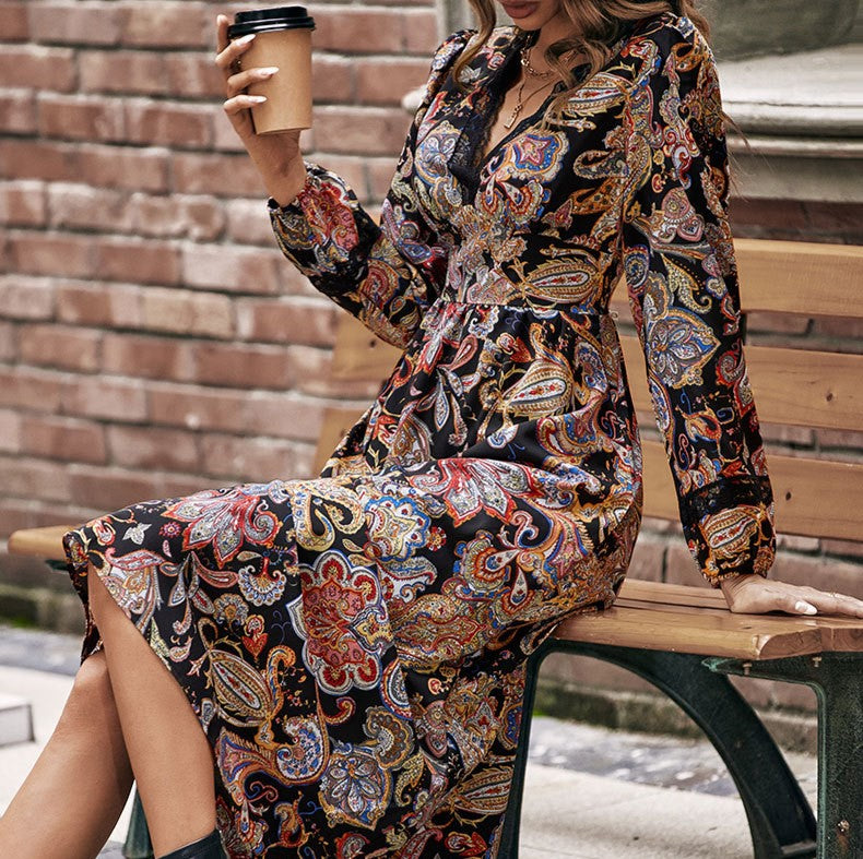 Vintage Paisley Print Long Sleeve Midi Dress - Black - 3
