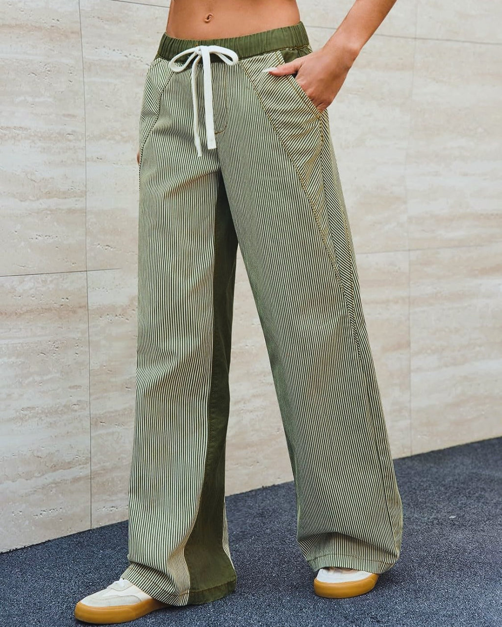 Striped Panelled Low Rise Wide Leg Jeans - Green - 1
