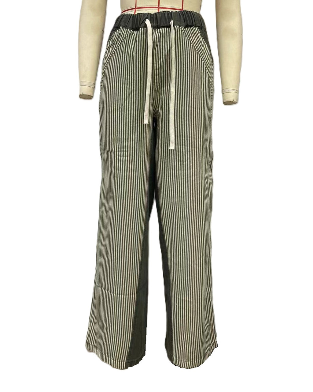 Striped Panelled Low Rise Wide Leg Jeans - Green - 2