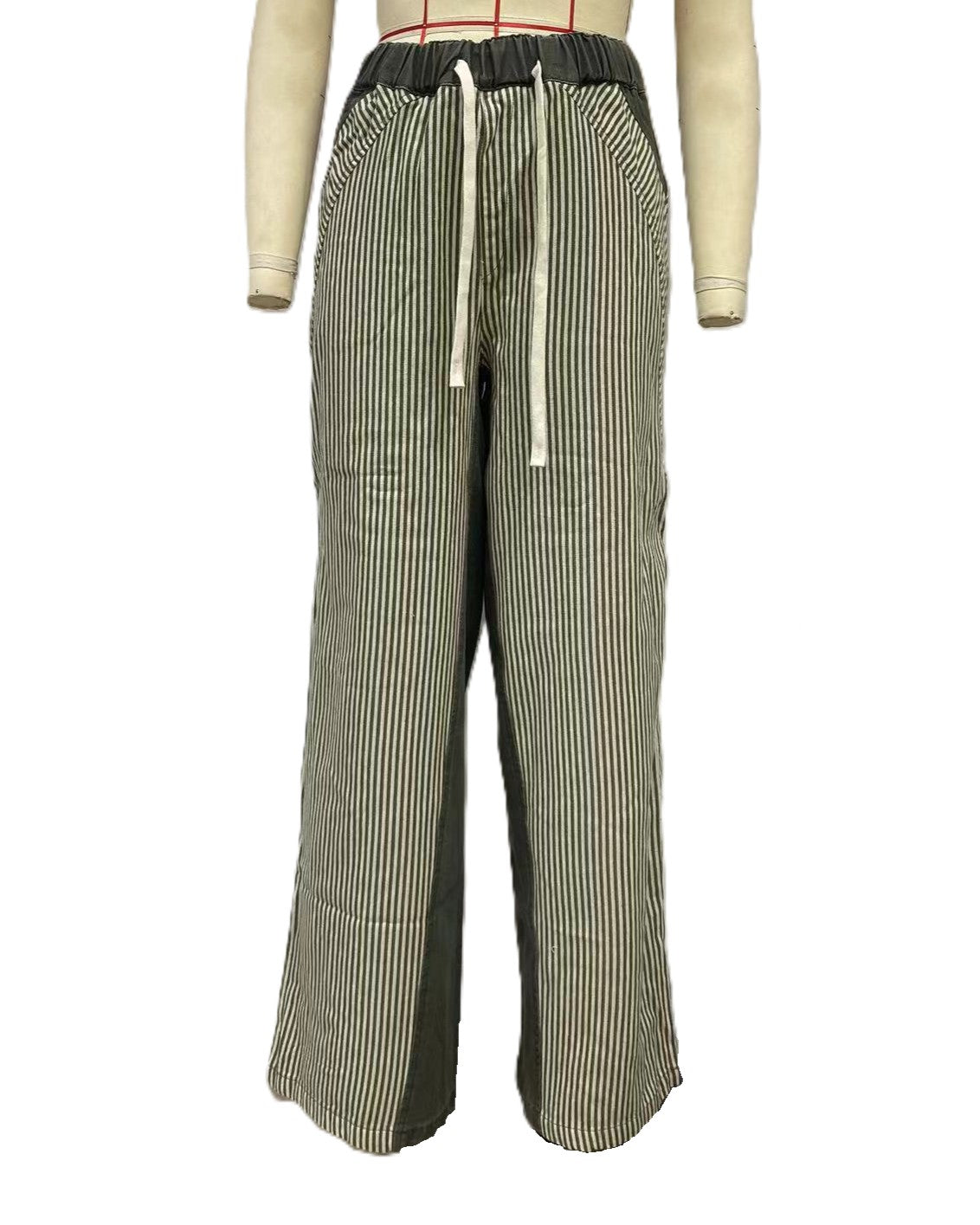 Striped Panelled Low Rise Wide Leg Jeans - Green - 2
