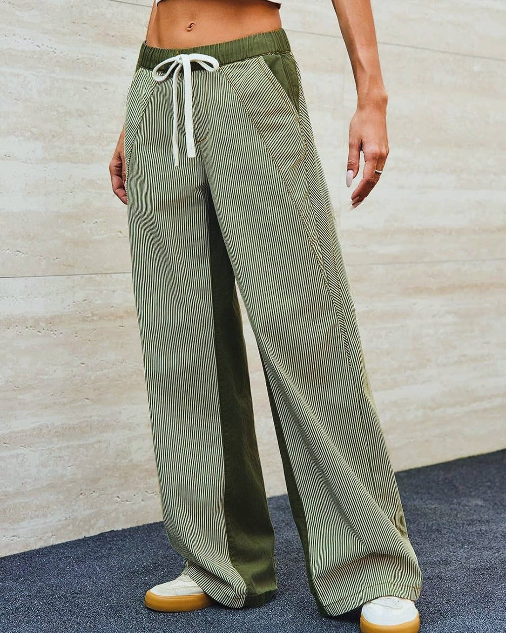 Striped Panelled Low Rise Wide Leg Jeans