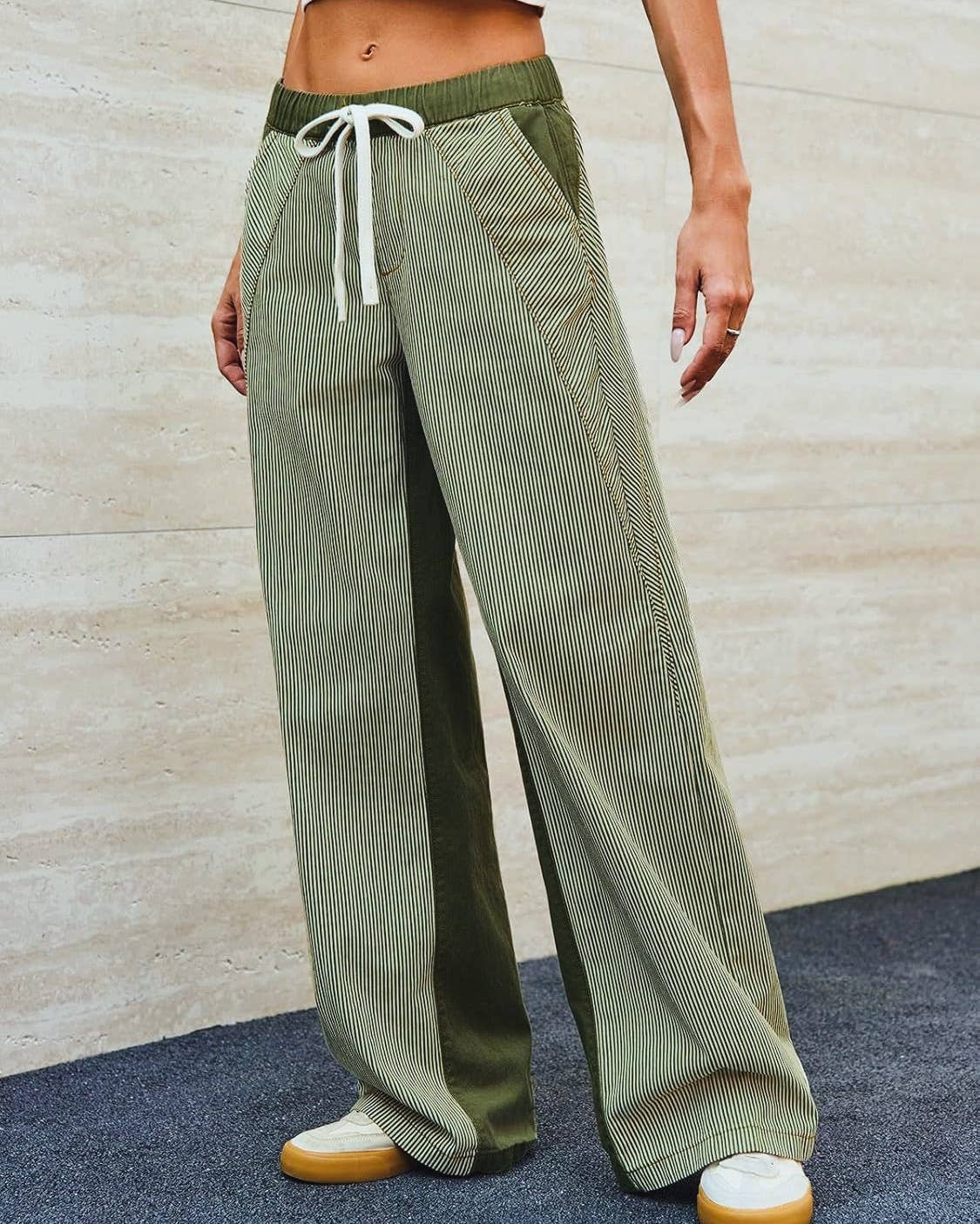 Striped Panelled Low Rise Wide Leg Jeans