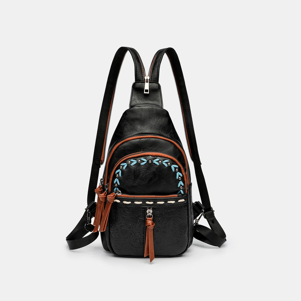 Western Tooled Sling Backpack with Whipstitch Trim