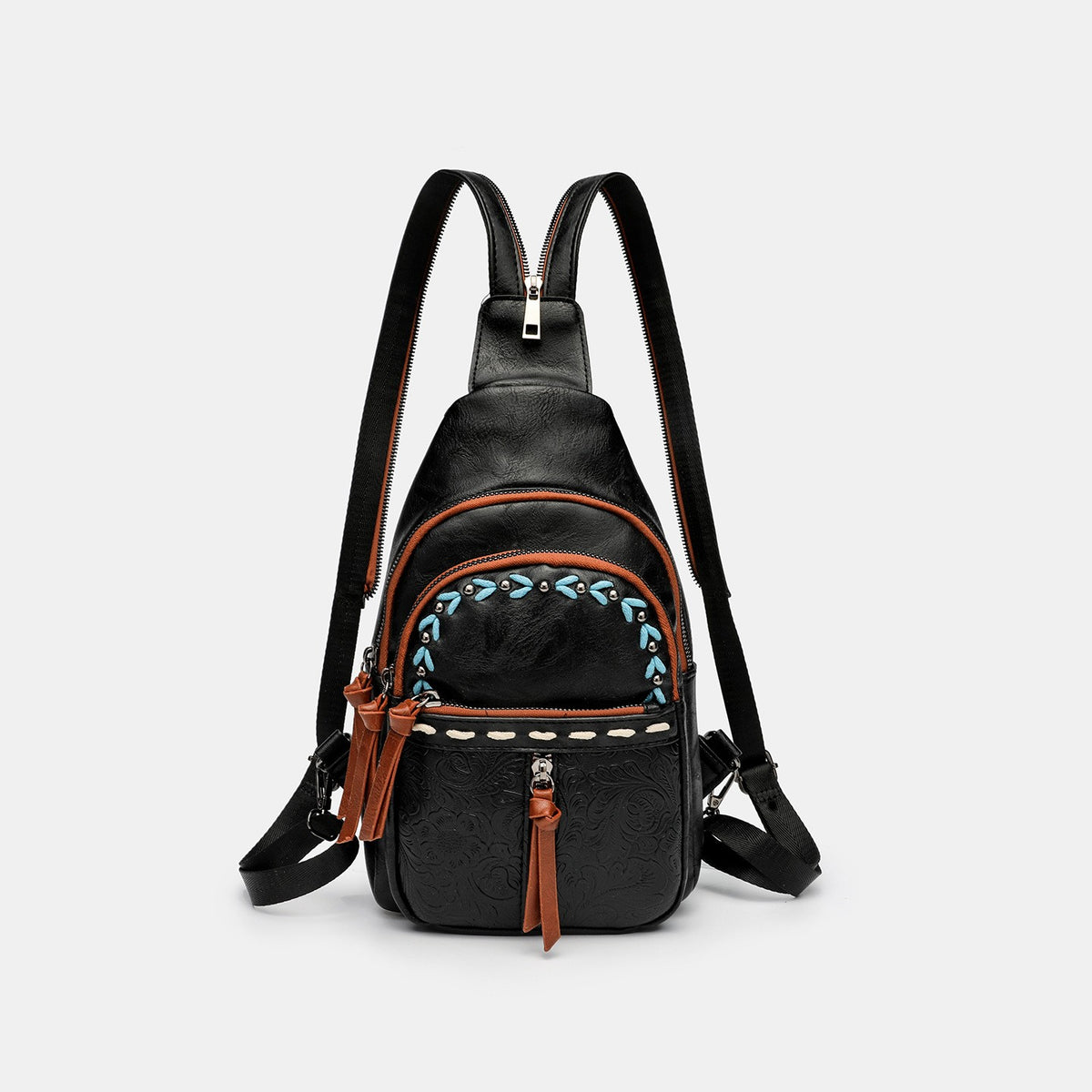 Western Tooled Sling Backpack with Whipstitch Trim