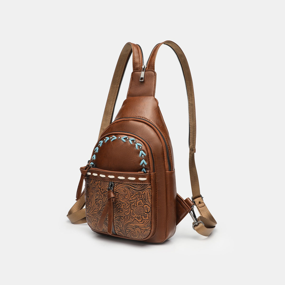 Western Tooled Sling Backpack with Whipstitch Trim