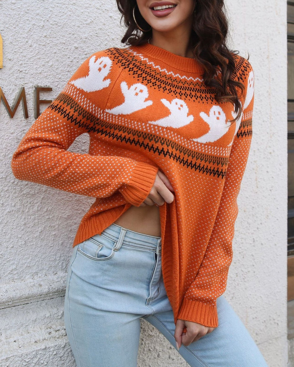 Halloween Ghost Fair Isle Knit Sweater - Orange