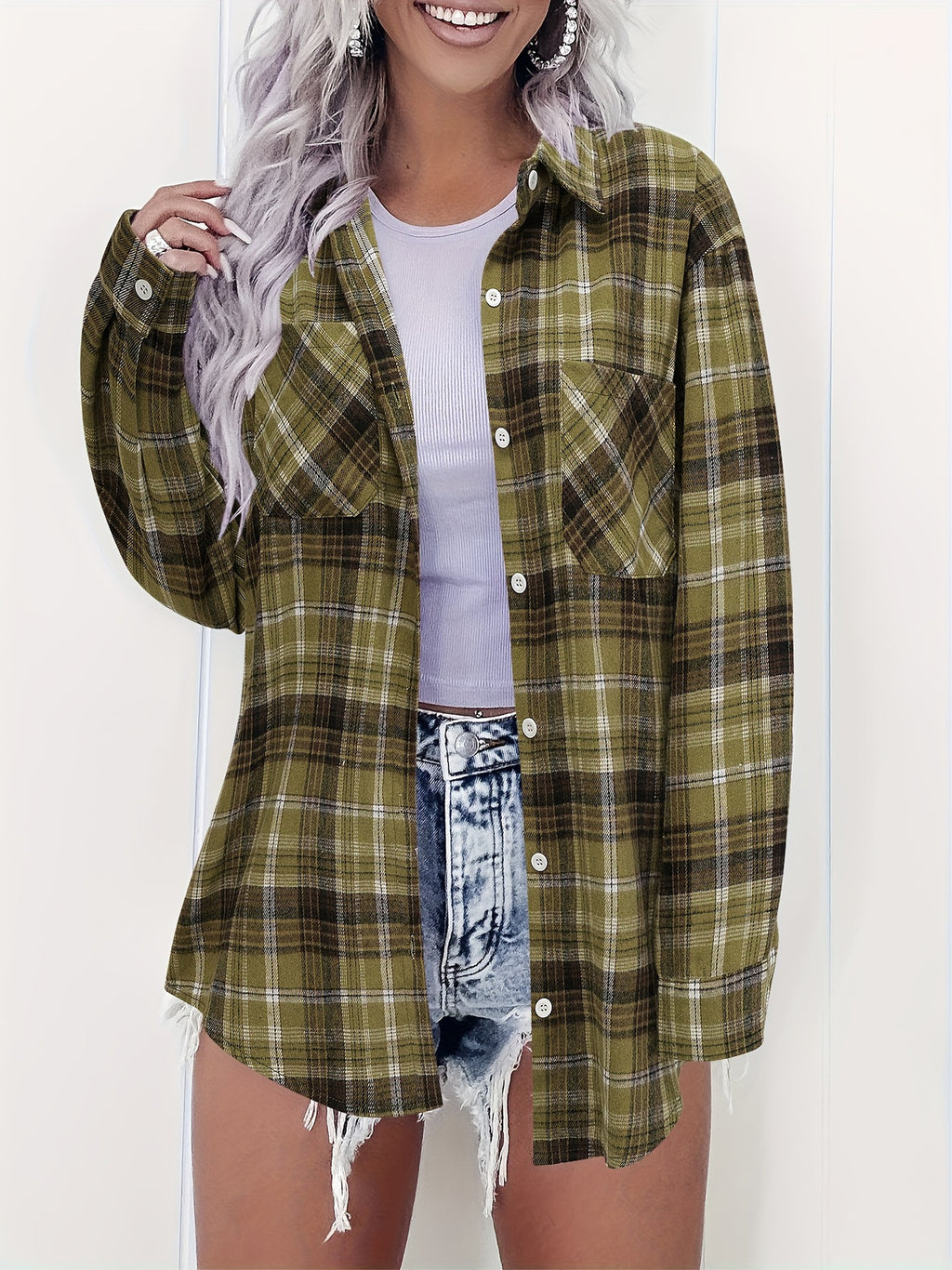 Oversized Plaid Button Front Shirt - Olive