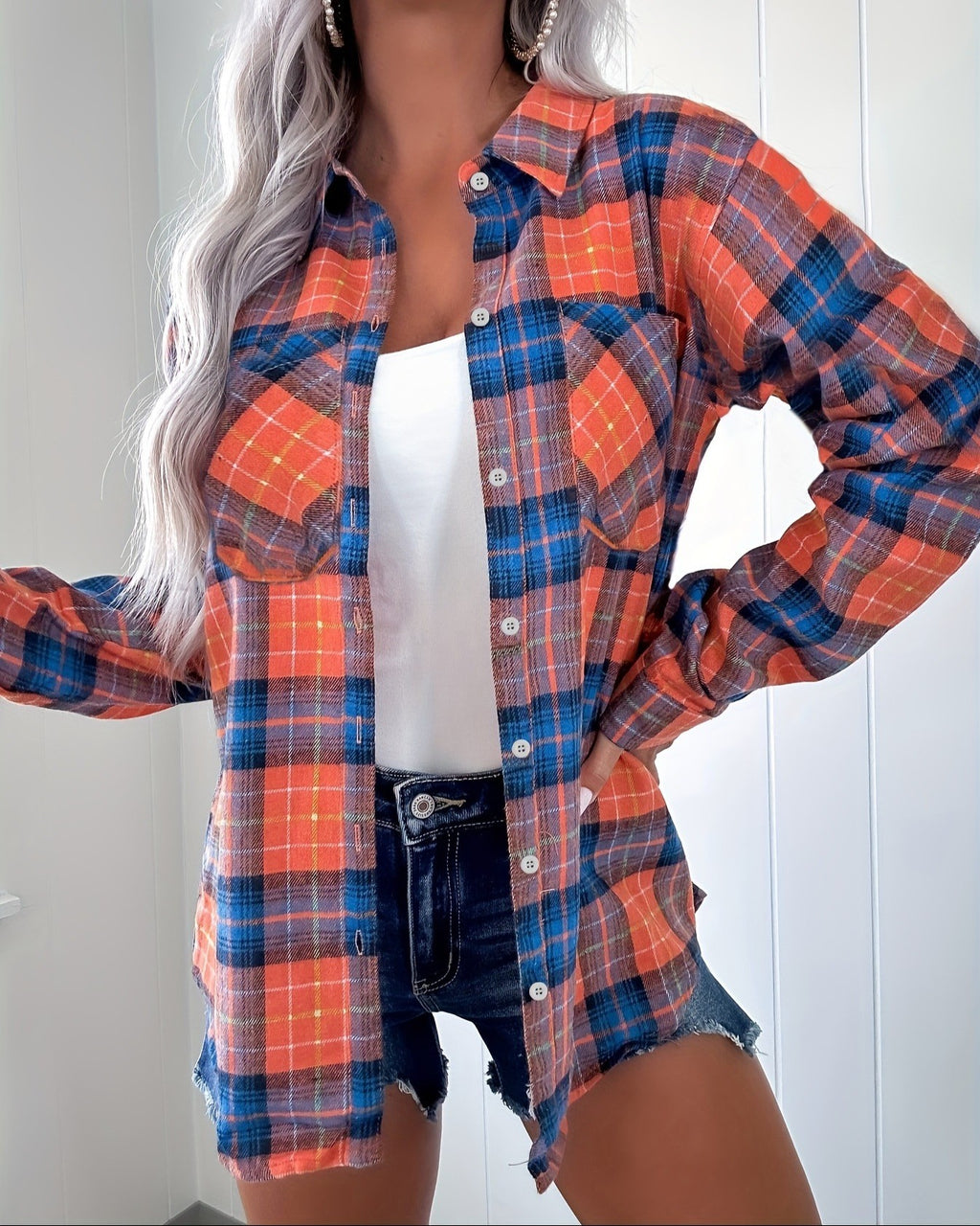 Oversized Plaid Button Front Shirt - Orange