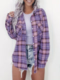 Oversized Plaid Button Front Shirt - Purple