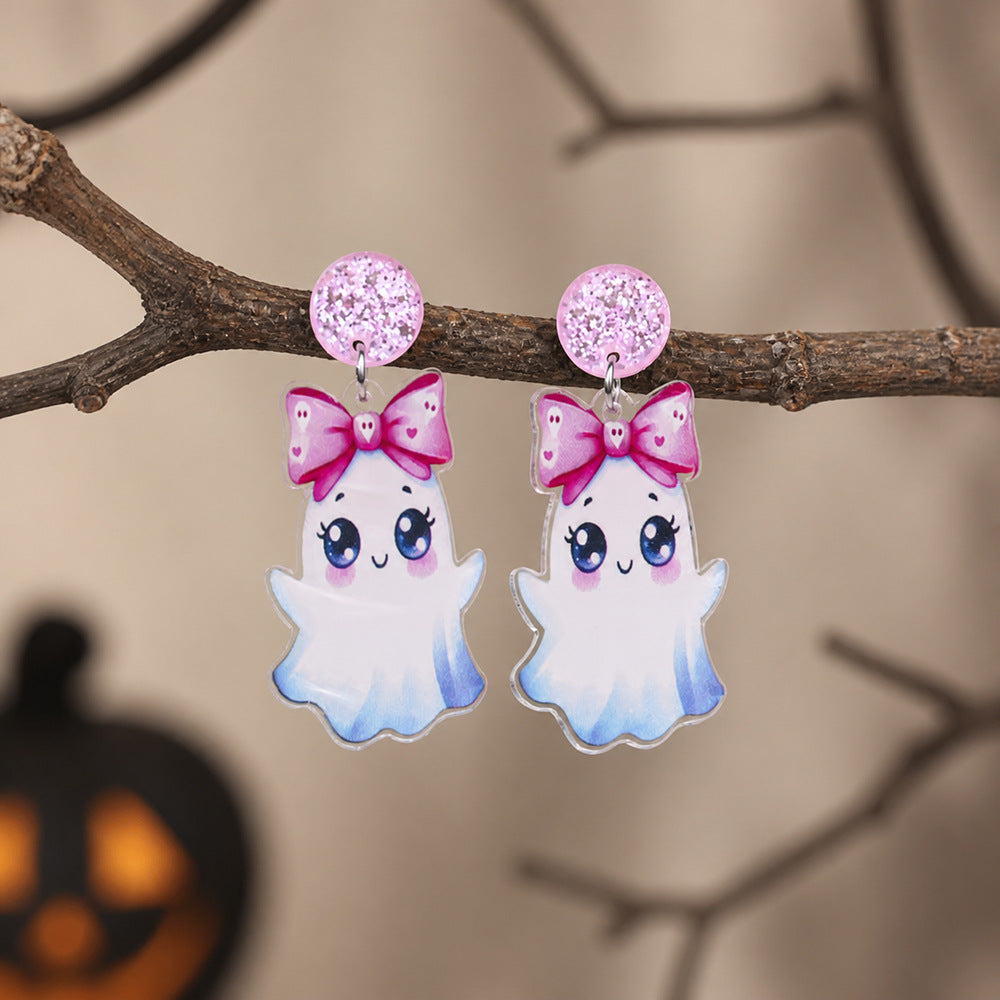 Cute Ghost Acrylic Dangle Earrings With Glitter Studs - NO-1