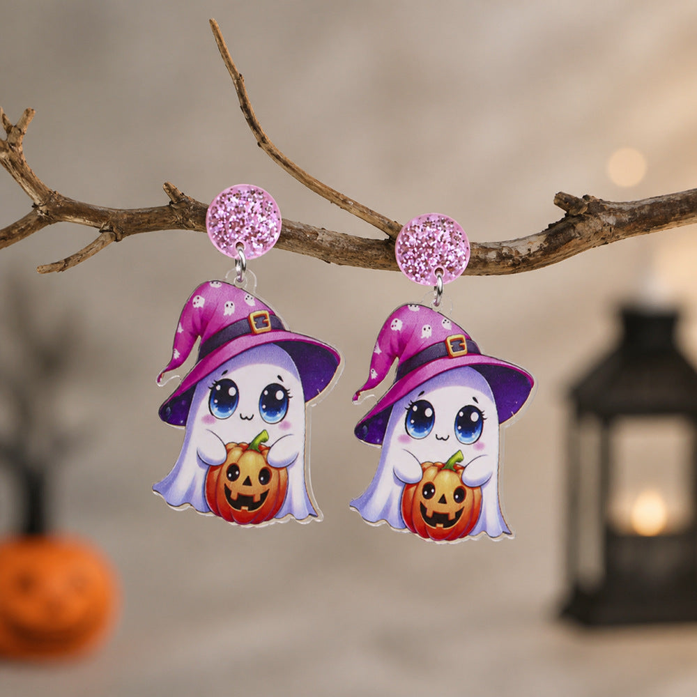 Cute Ghost Acrylic Dangle Earrings With Glitter Studs - NO-2