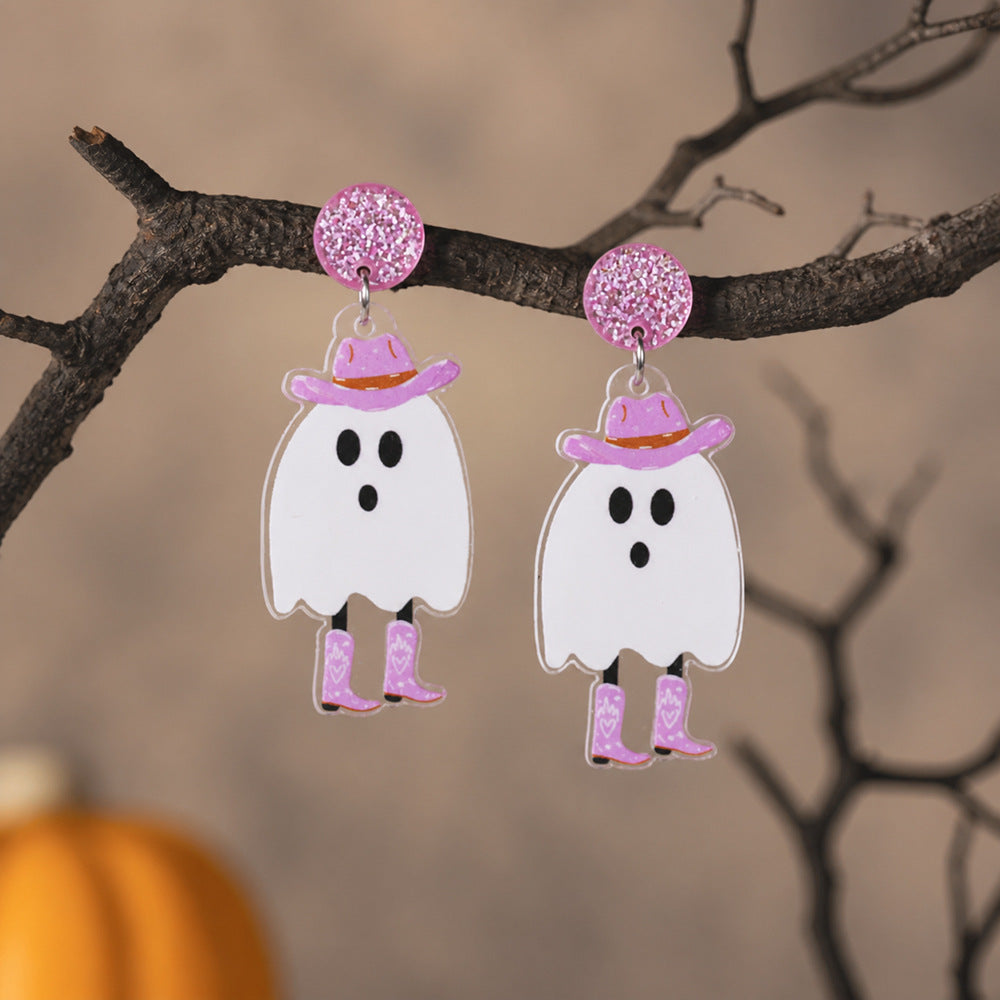 Cute Ghost Acrylic Dangle Earrings With Glitter Studs - NO-4