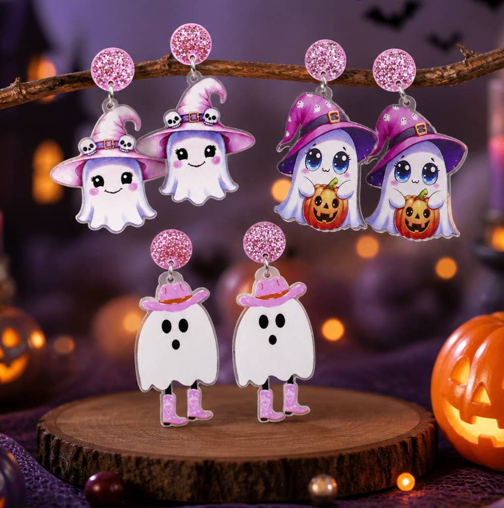Cute Ghost Acrylic Dangle Earrings With Glitter Studs