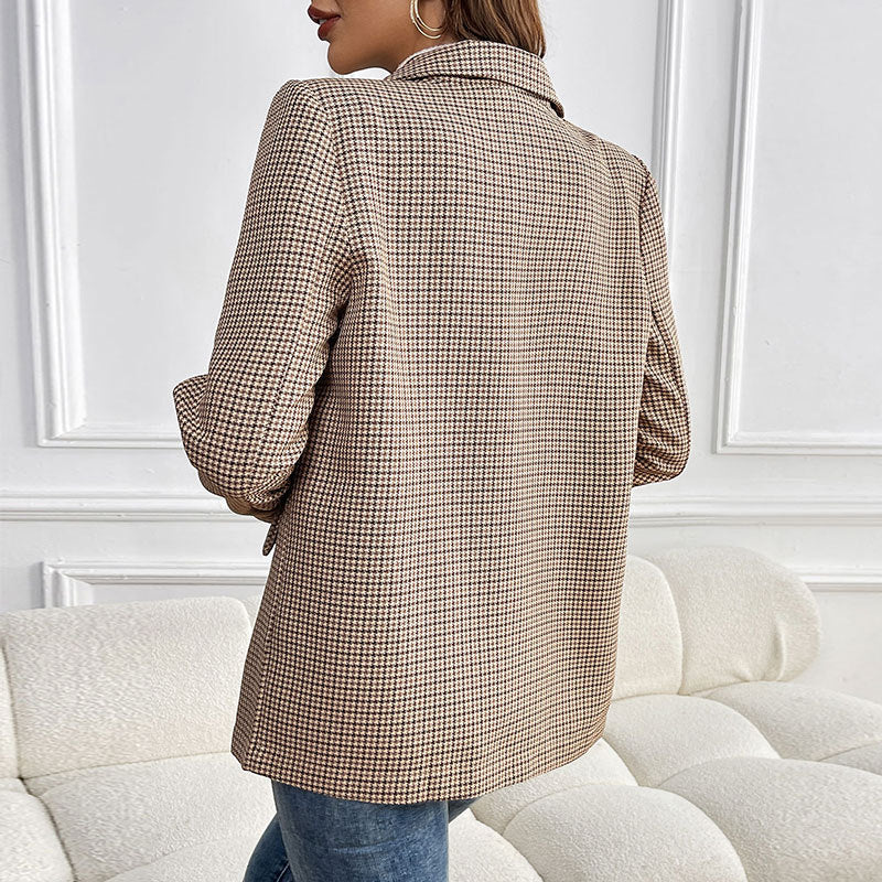 Houndstooth Notch Lapel Tailored Blazer - Khaki - 3