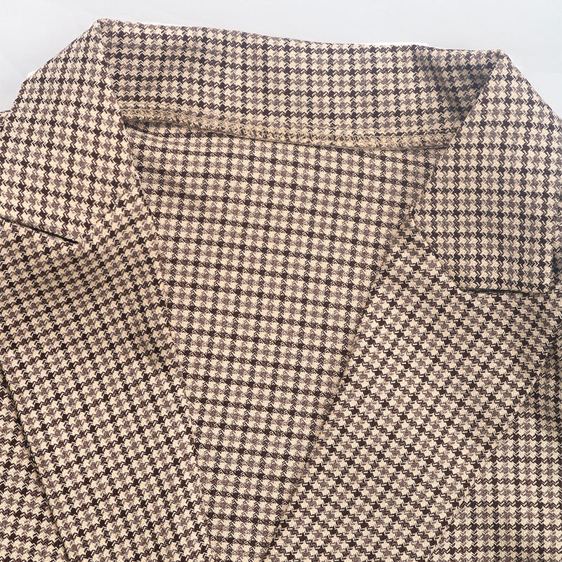 Houndstooth Notch Lapel Tailored Blazer - Khaki - 6