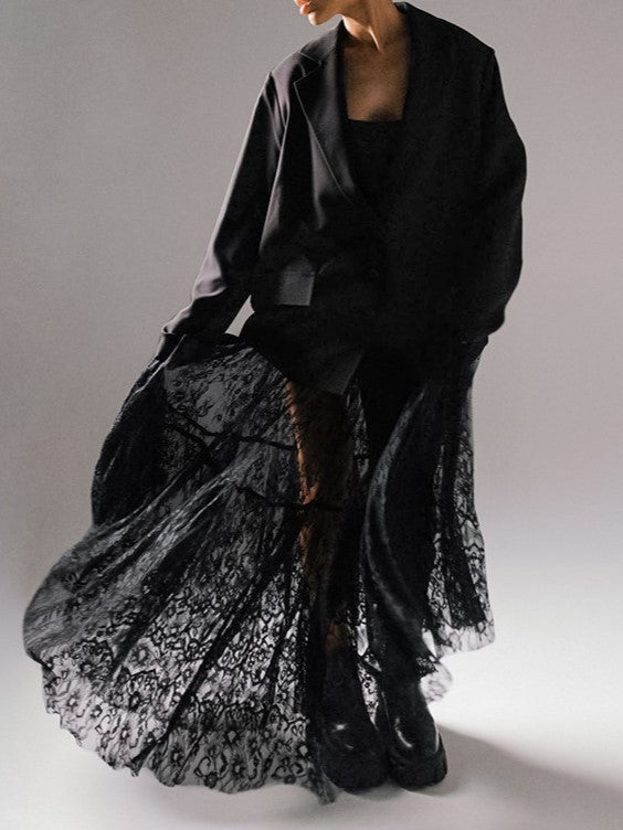 Tiered Ruffle Lace Maxi Skirt - black
