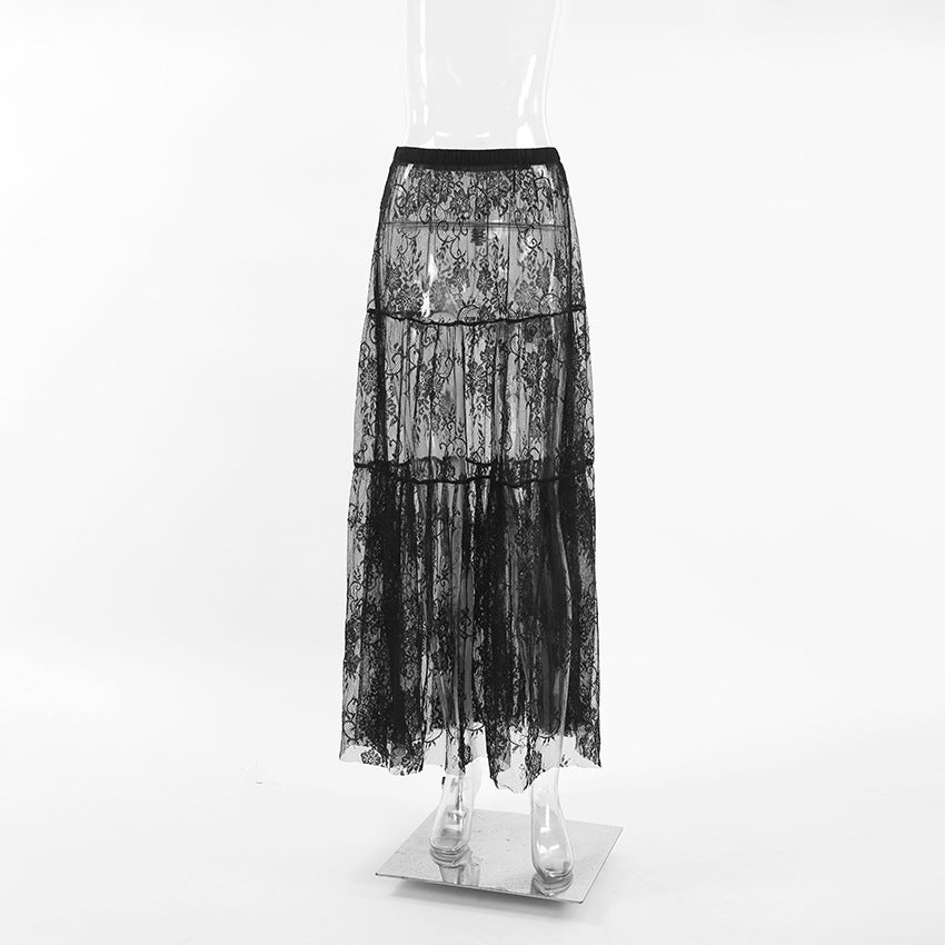 Tiered Ruffle Lace Maxi Skirt - black - 1