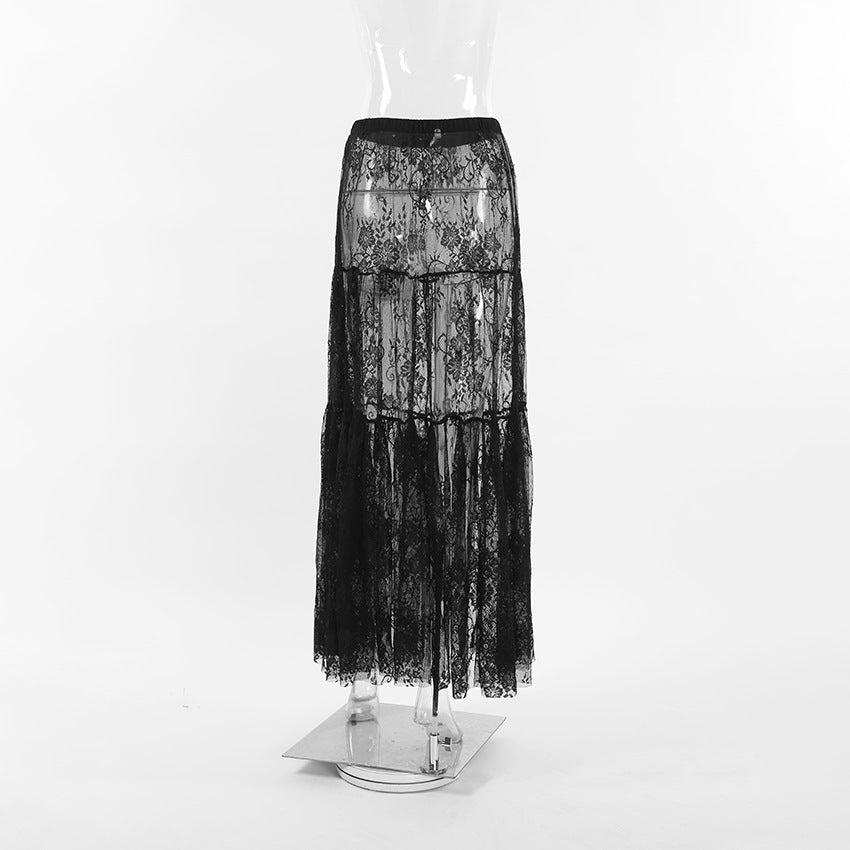 Tiered Ruffle Lace Maxi Skirt - black - 2