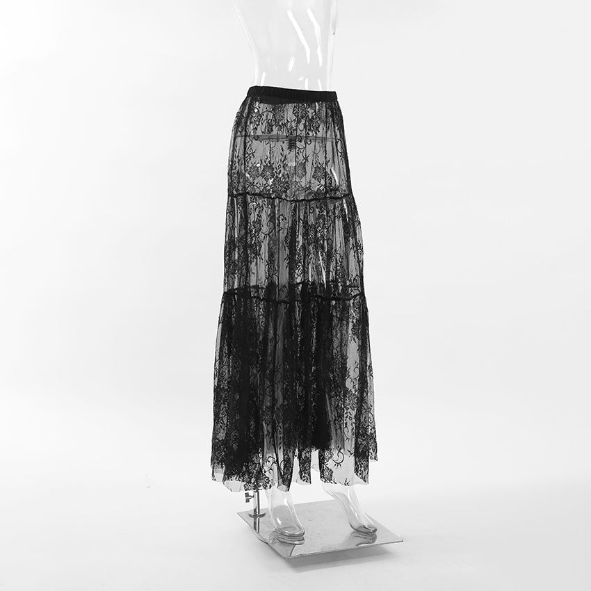 Tiered Ruffle Lace Maxi Skirt - black - 3