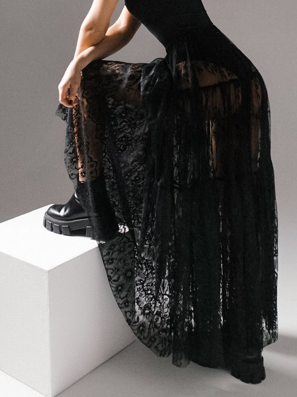 Tiered Ruffle Lace Maxi Skirt - black - 4