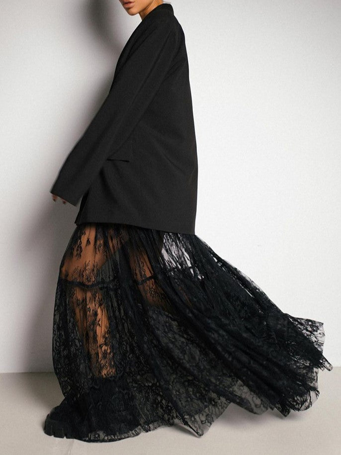 Tiered Ruffle Lace Maxi Skirt - black - 5