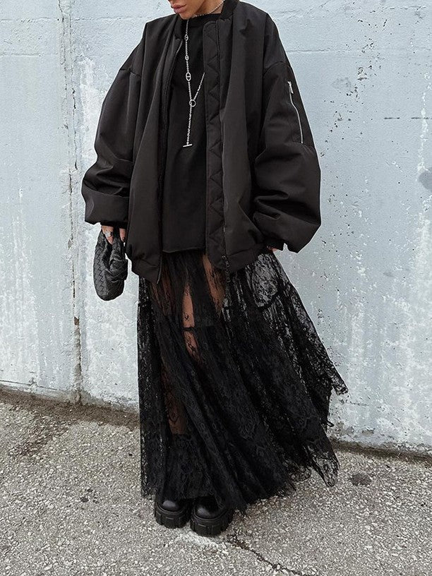 Tiered Ruffle Lace Maxi Skirt - black - 6