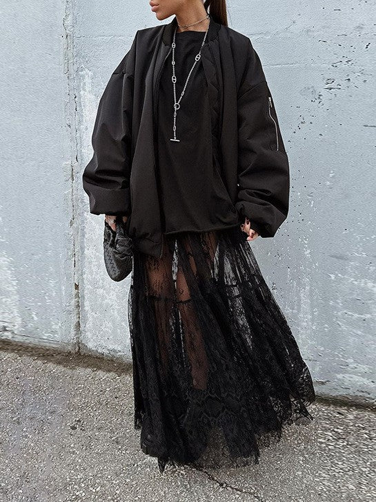 Tiered Ruffle Lace Maxi Skirt - black - 7