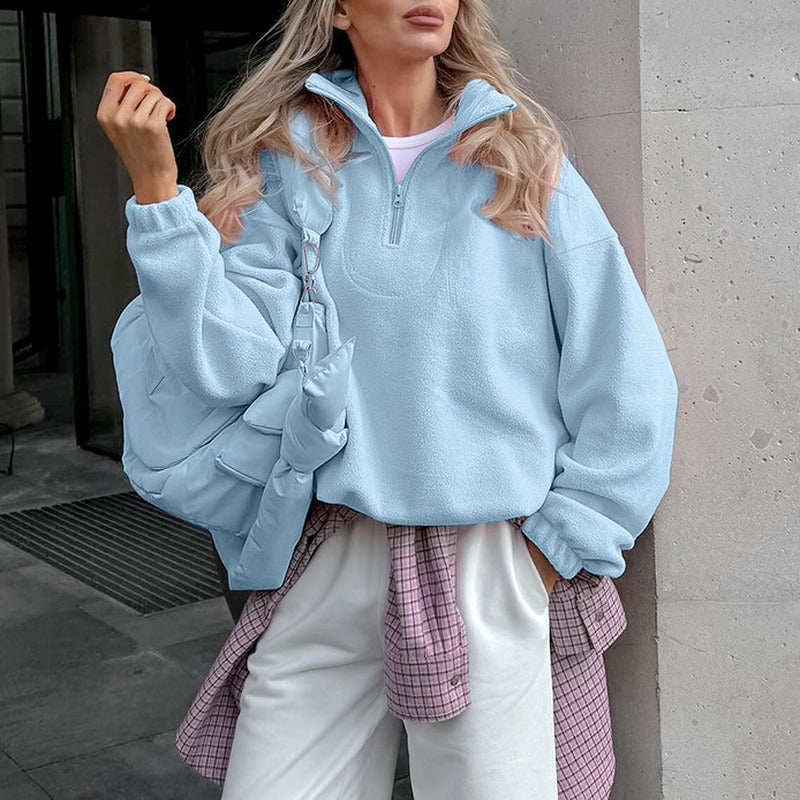 Oversized Polar Fleece Half Zip Athletic Pullover - Baby Blue