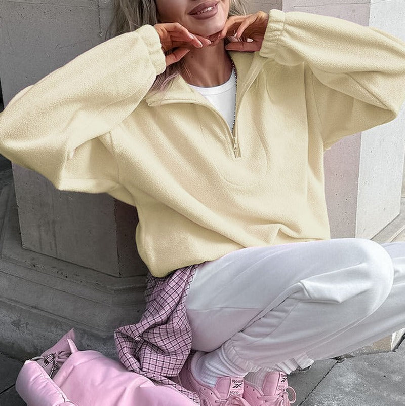 Oversized Polar Fleece Half Zip Athletic Pullover - Butter Yellow
