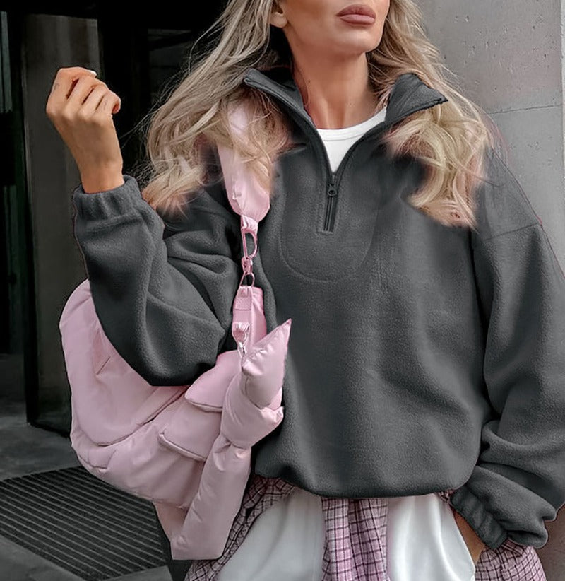 Oversized Polar Fleece Half Zip Athletic Pullover - Charcoal