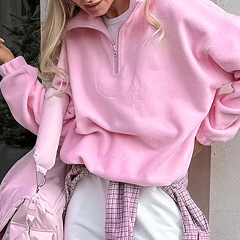 Oversized Polar Fleece Half Zip Athletic Pullover - Pink