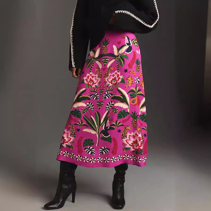 Botanical Border Print A Line Midi Skirt - Rosered