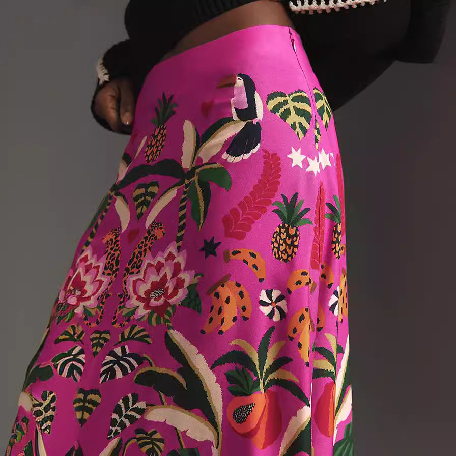 Botanical Border Print A Line Midi Skirt - Rosered - 1