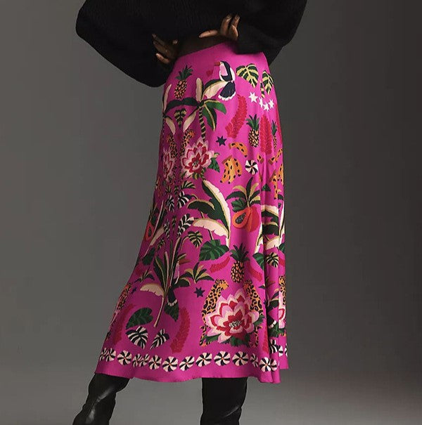 Botanical Border Print A Line Midi Skirt - Rosered - 2