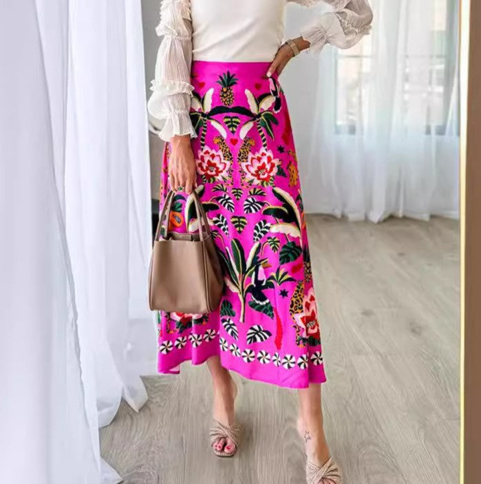 Botanical Border Print A Line Midi Skirt - Rosered - 3