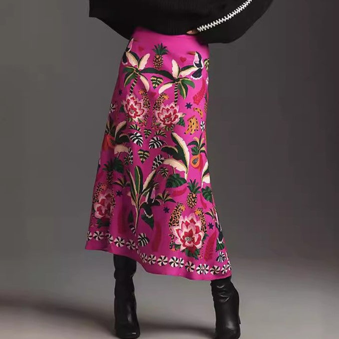 Botanical Border Print A Line Midi Skirt - Rosered - 4