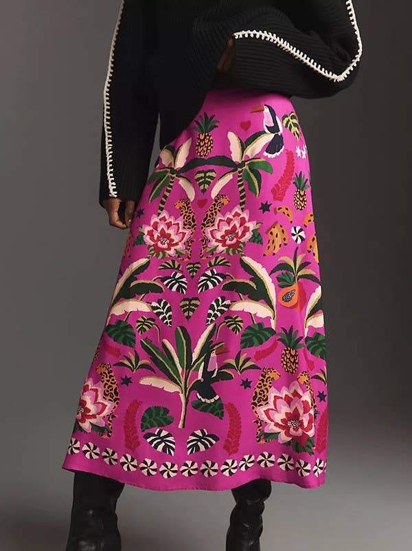 Botanical Border Print A Line Midi Skirt