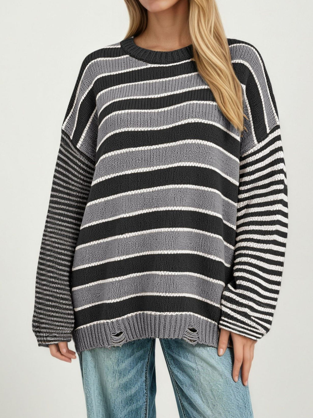 Striped Distressed Hem Oversized Knit Sweater - Black