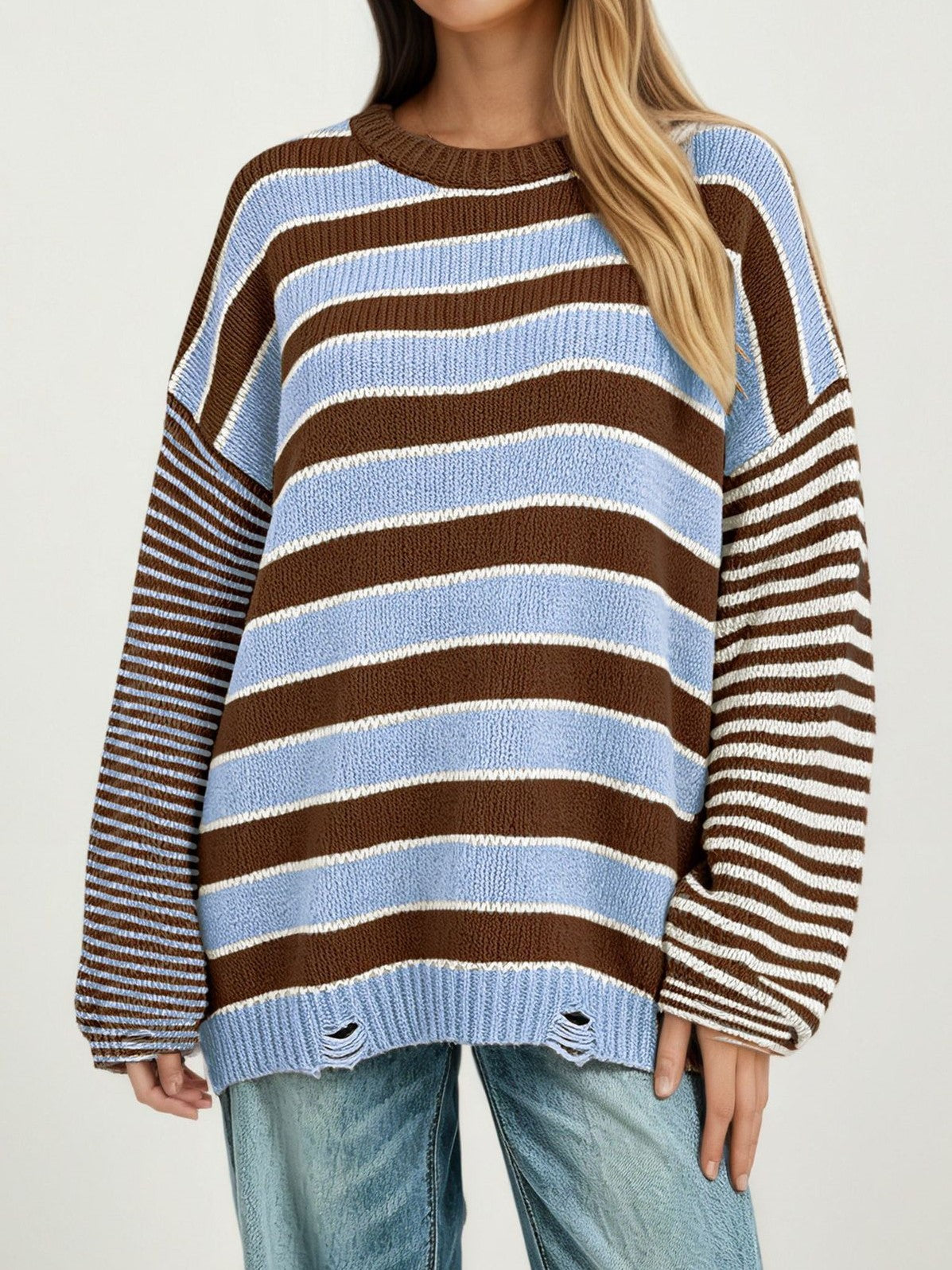 Striped Distressed Hem Oversized Knit Sweater - Coffee