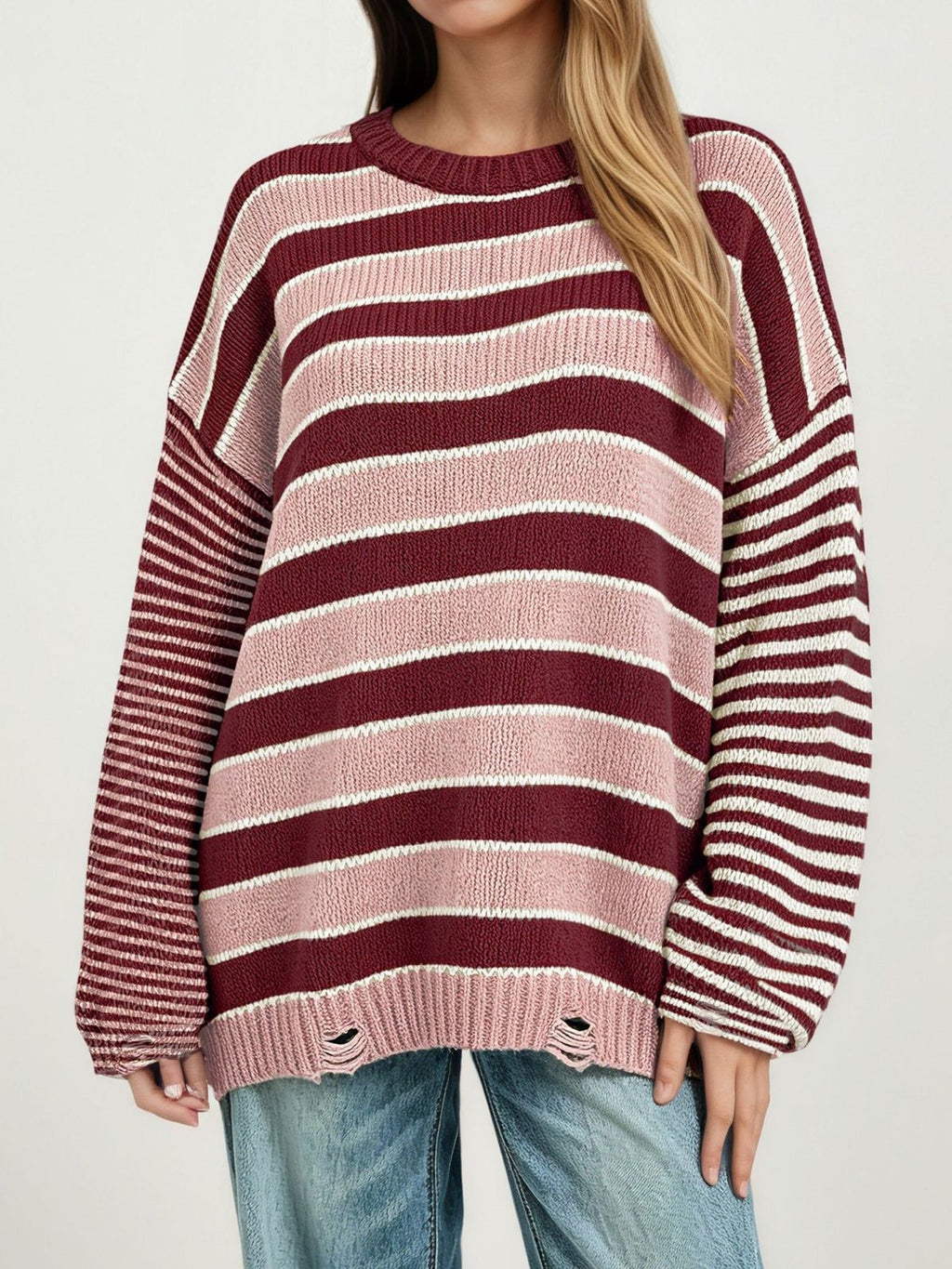 Striped Distressed Hem Oversized Knit Sweater - DarkRed