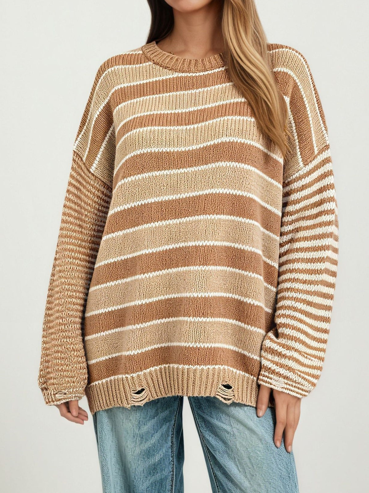 Striped Distressed Hem Oversized Knit Sweater - Khaki
