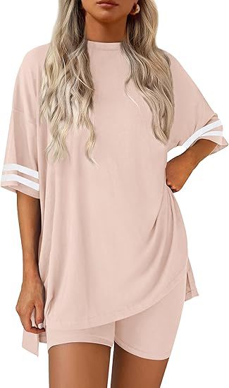 Varsity Stripe Sleeve Tee and Shorts Set - Apricot