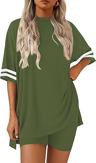 Varsity Stripe Sleeve Tee and Shorts Set - ArmyGreen