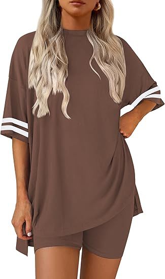 Varsity Stripe Sleeve Tee and Shorts Set - DarkBrown