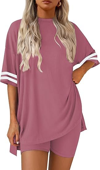 Varsity Stripe Sleeve Tee and Shorts Set - DeepPink