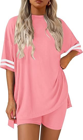 Varsity Stripe Sleeve Tee and Shorts Set - Pink