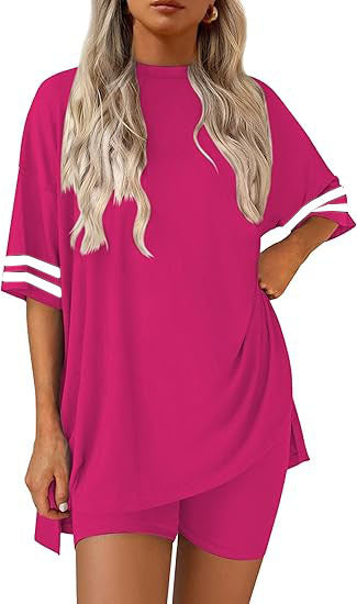 Varsity Stripe Sleeve Tee and Shorts Set - Rose
