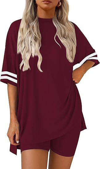 Varsity Stripe Sleeve Tee and Shorts Set - WineRed