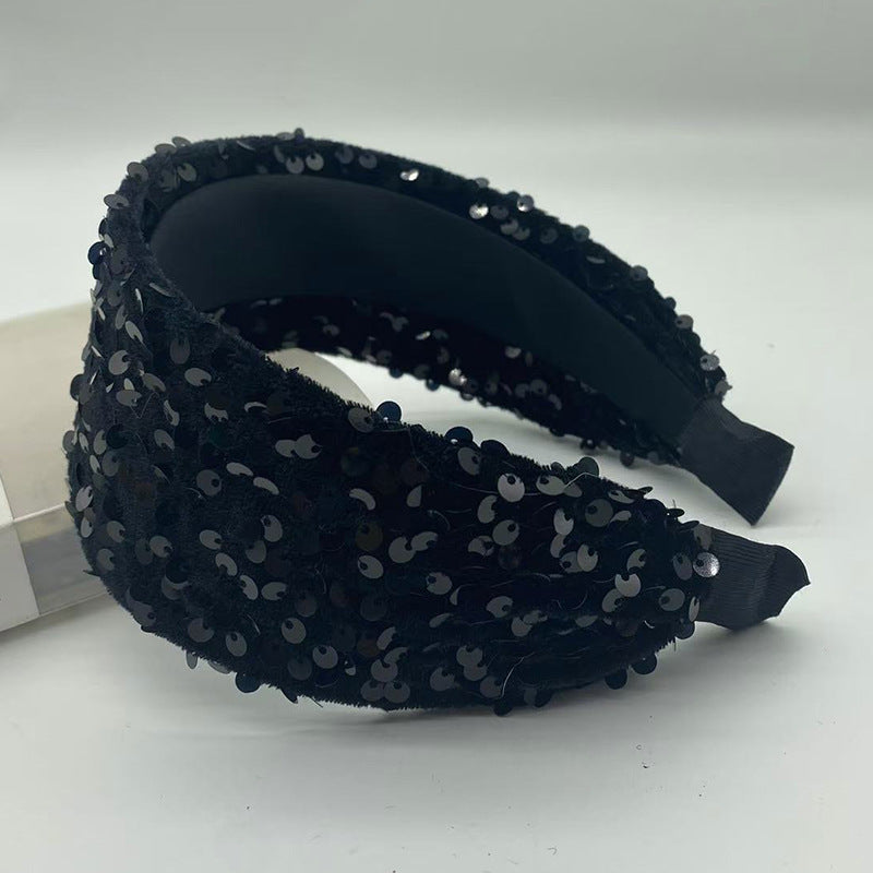 Wide Sequin Knotted Party Headband - black